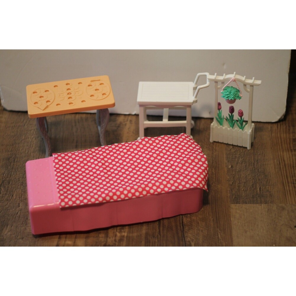 Lot of Barbie furniture Bed, cart, flower, table